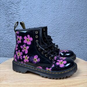Dr. Martens Floral 1460 J Patent Leather Boots Black Pink Girl's Size 1
